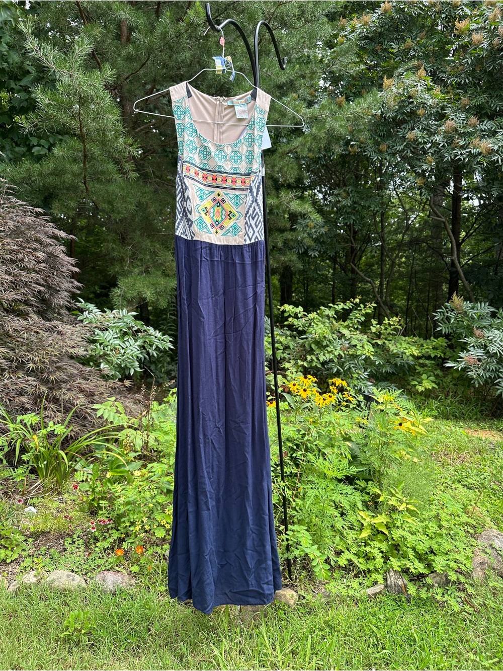 Flying Tomato Navy Maxi Dress with Cream & Teal Embroidered Bodice